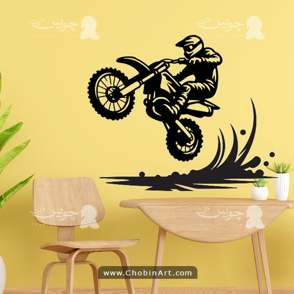 پیش‌نمایش طرح برش لیزر وکتور استیکر دیواری موتور کراس با جزئیات دقیق، فایل آماده CDR و DXF مخصوص برش لیزر و CNC روی چوب و MDF.